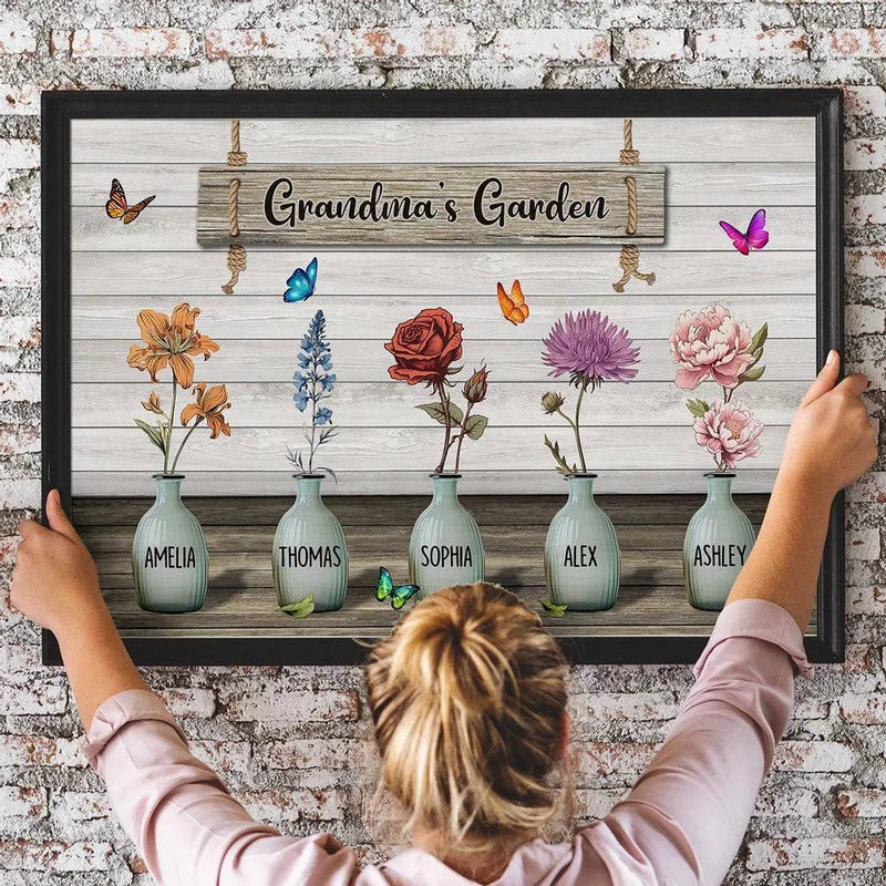 Grandma‘s Garden Birth Month Flowers Pots Personalized Horizontal Keychain or Poster, Mother's Day Gift For Grandma, Mom, Auntie