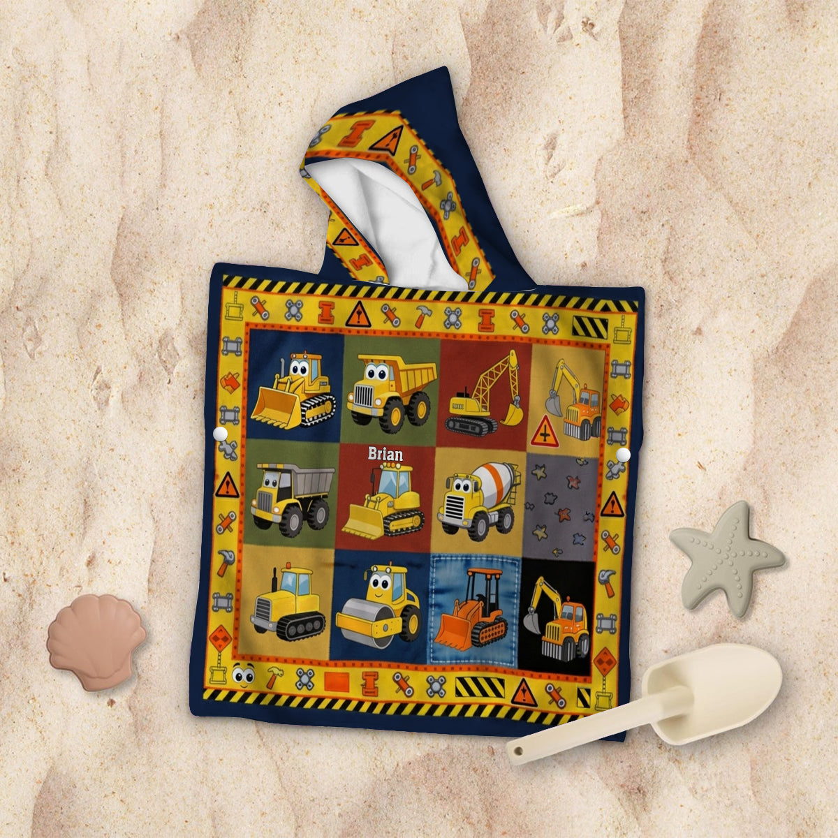 Construction Machines - Personalized Kid Hooded Towel Poncho