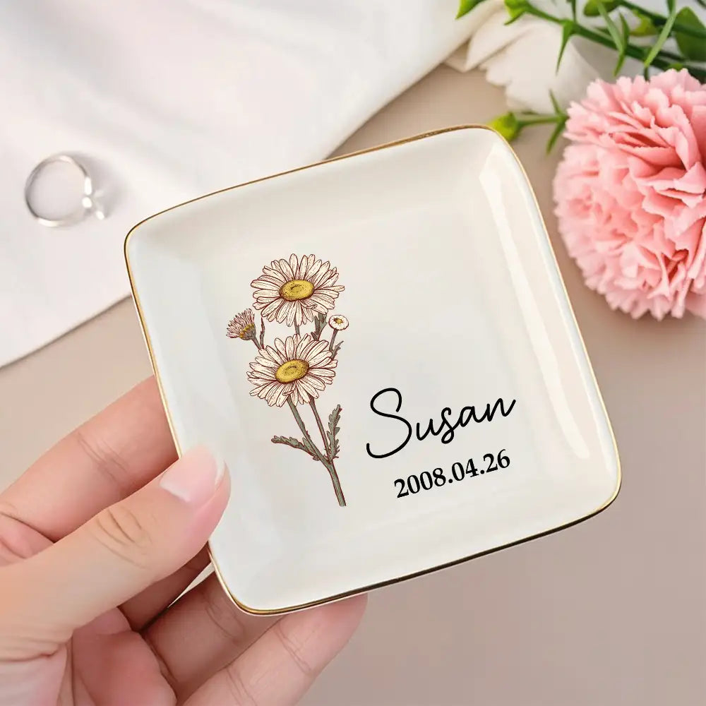 Personalized Jewelry Dish – Birth Month Flower Ring Tray with Name and Date