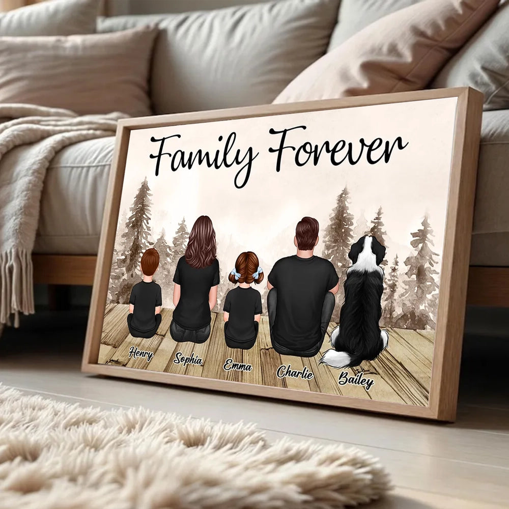Custom Family Poster, Cozy Woodland Scene with Back View Parents Kids and Pet, Heartfelt Home Decor Unique Gift