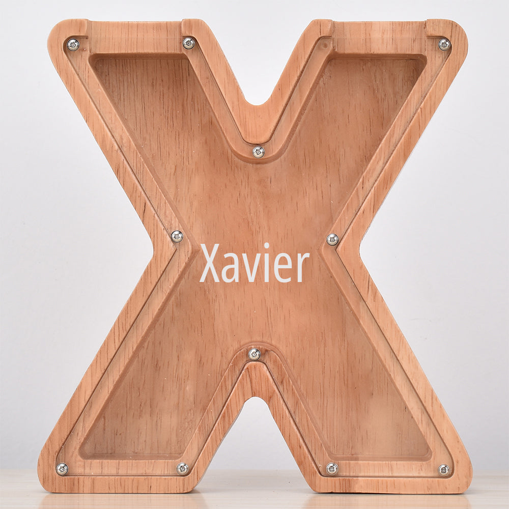 Custom Initial And Name - Personalized Letter And Name Oak Wooden Piggy Bank