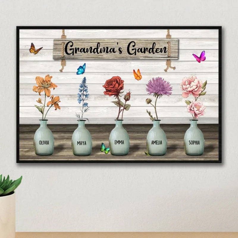 Grandma‘s Garden Birth Month Flowers Pots Personalized Horizontal Keychain or Poster, Mother's Day Gift For Grandma, Mom, Auntie