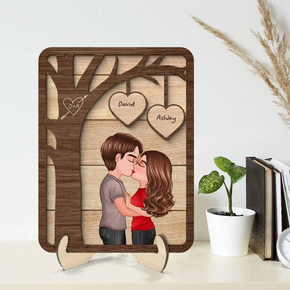 Love Beneath the Boughs - Personalized Kissing Couple Under Tree Wooden Plaque - 2-Layer Romantic Gift for Valentine's & Anniversaries