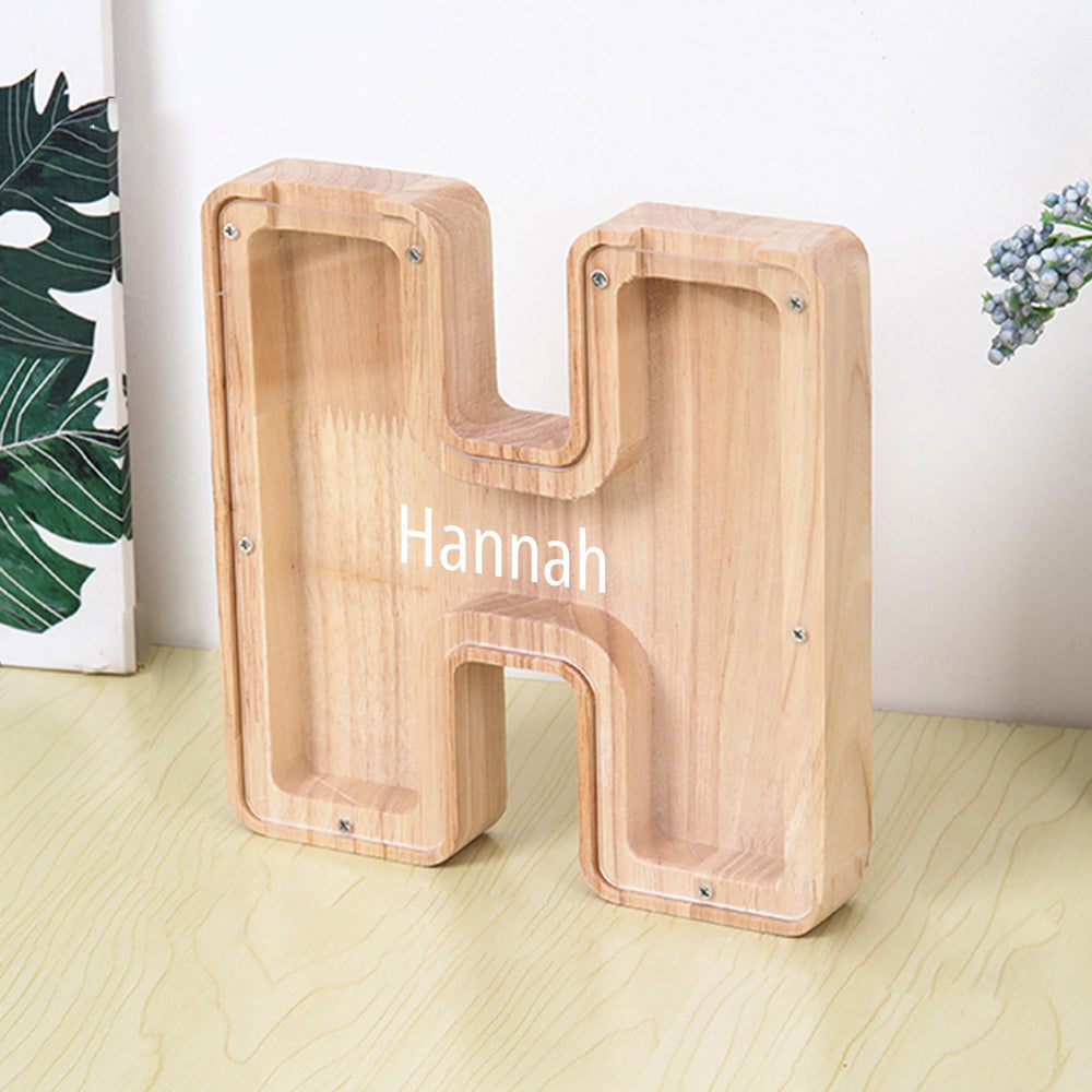 Custom Initial And Name - Personalized Letter And Name Light Wooden Piggy Bank