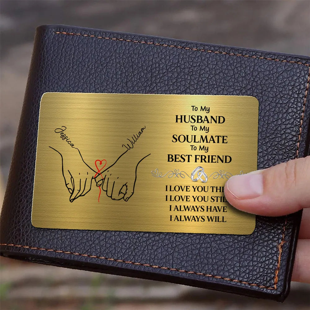 Personalized Metal Wallet Card for Husband, Holding Hands Love Message, Unique Romantic Gift He Carries Every Day
