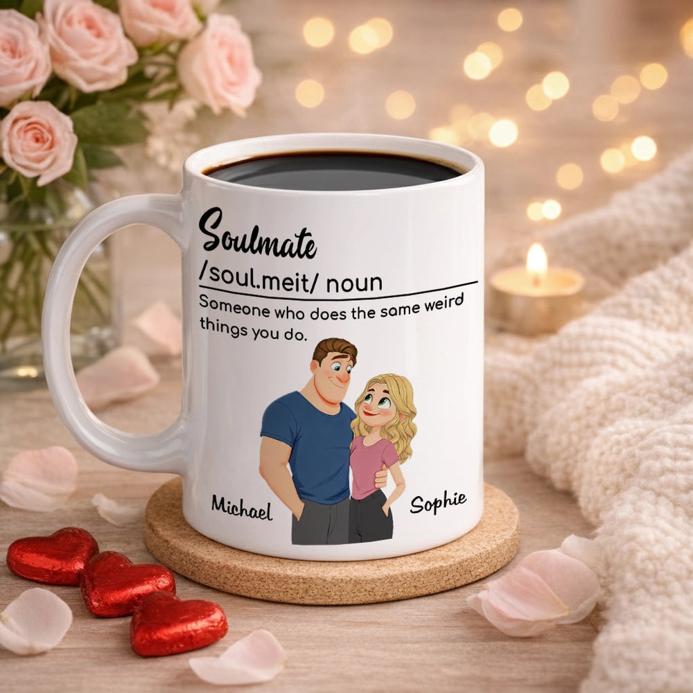 Personalized Soulmate Definition Ceramic Mug With Cute Couple Illustration, Unique Valentine's Gift For Boyfriend Or Girlfriend