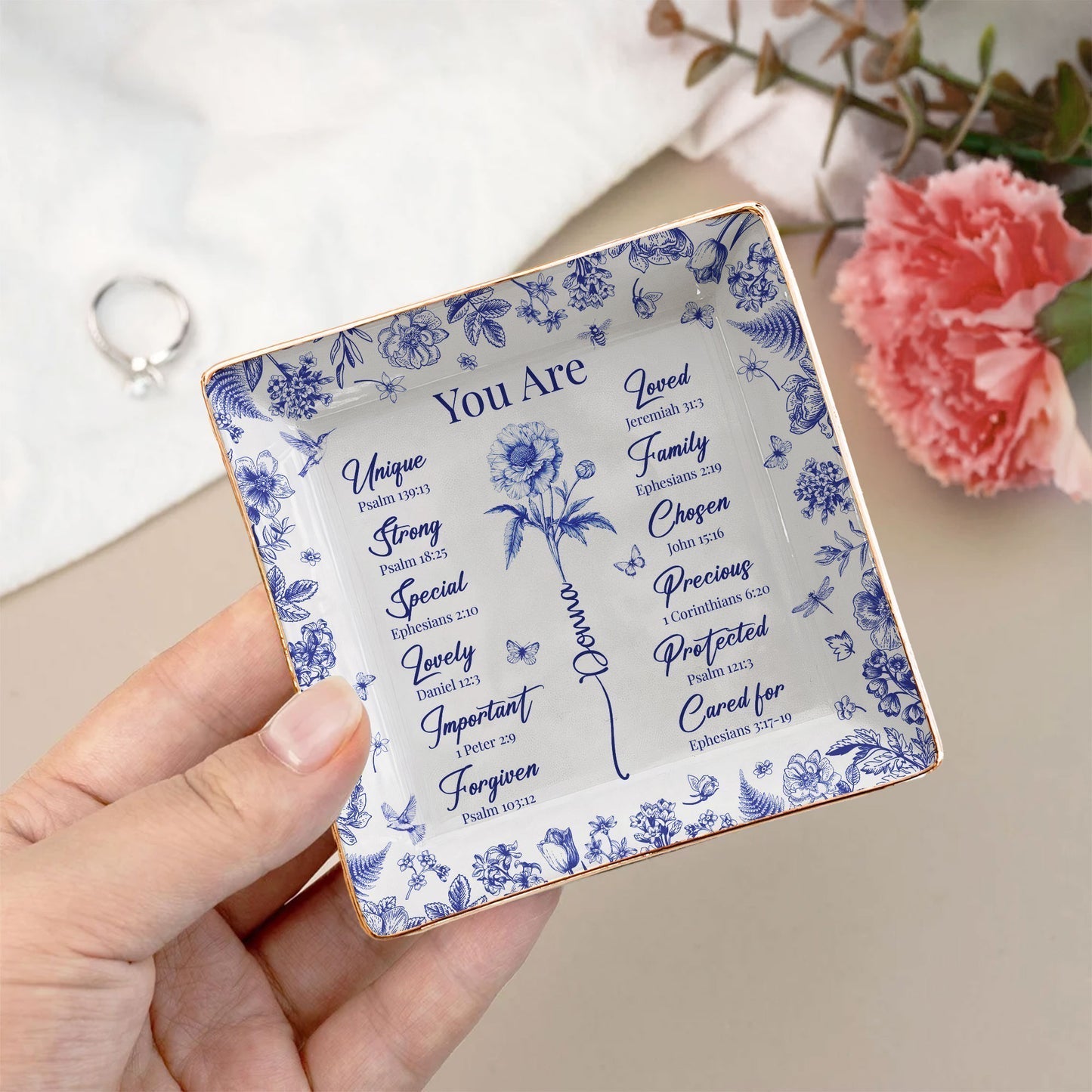 Jewelry Dish for Women, blue floral border with affirmation words, gold rim accents, elegant keepsake, customizable, a thoughtful gift