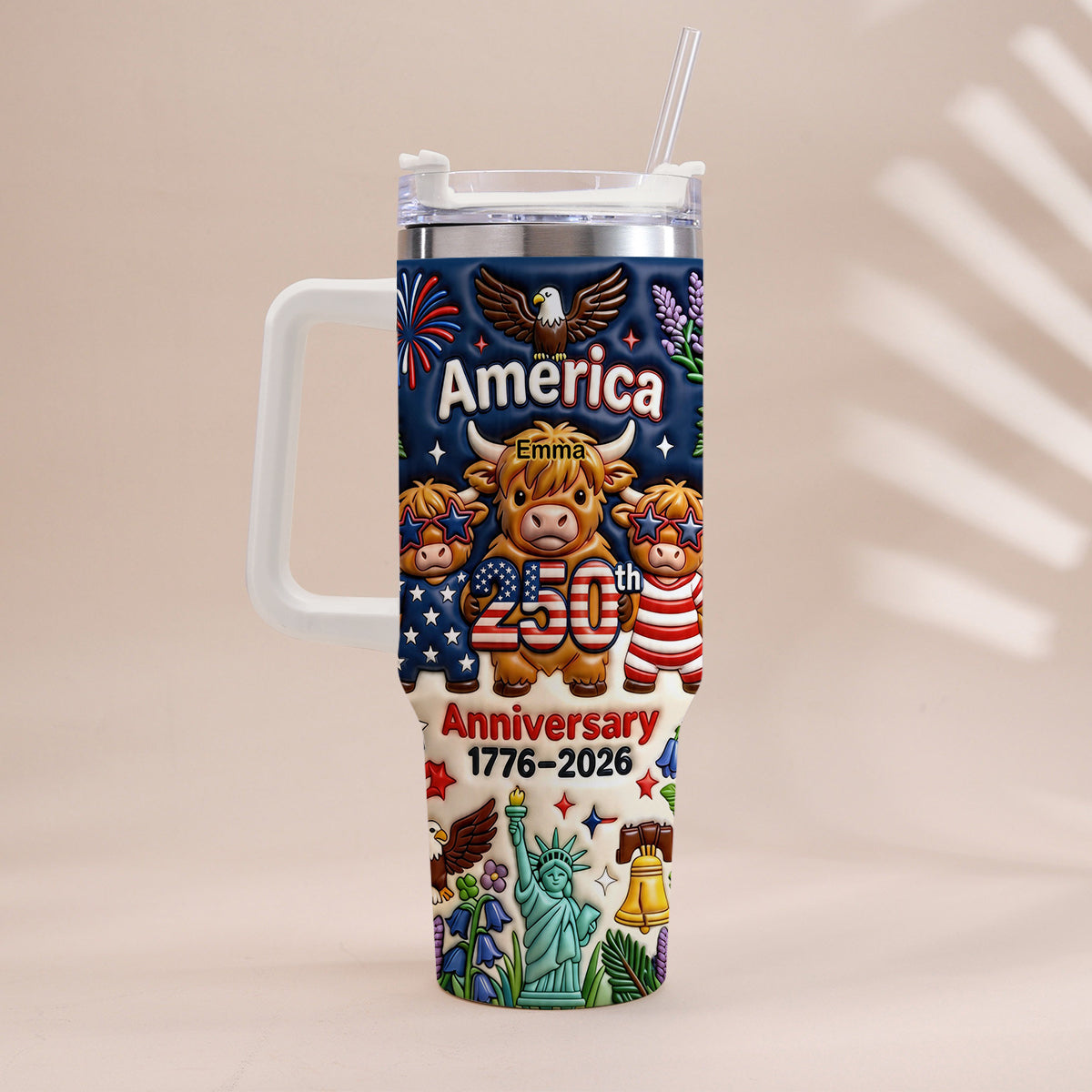 Cute Highland Cow America 250th Anniversary - Personalized Highland Cow Tumbler With Handle