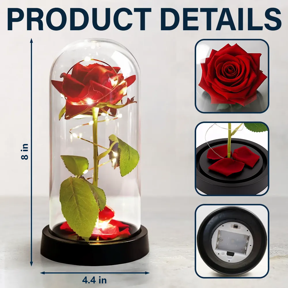 Personalized Lighted Eternal Rose Dome with Cute Couple Illustration, Warm Glow Decor, Unique Anniversary Gift