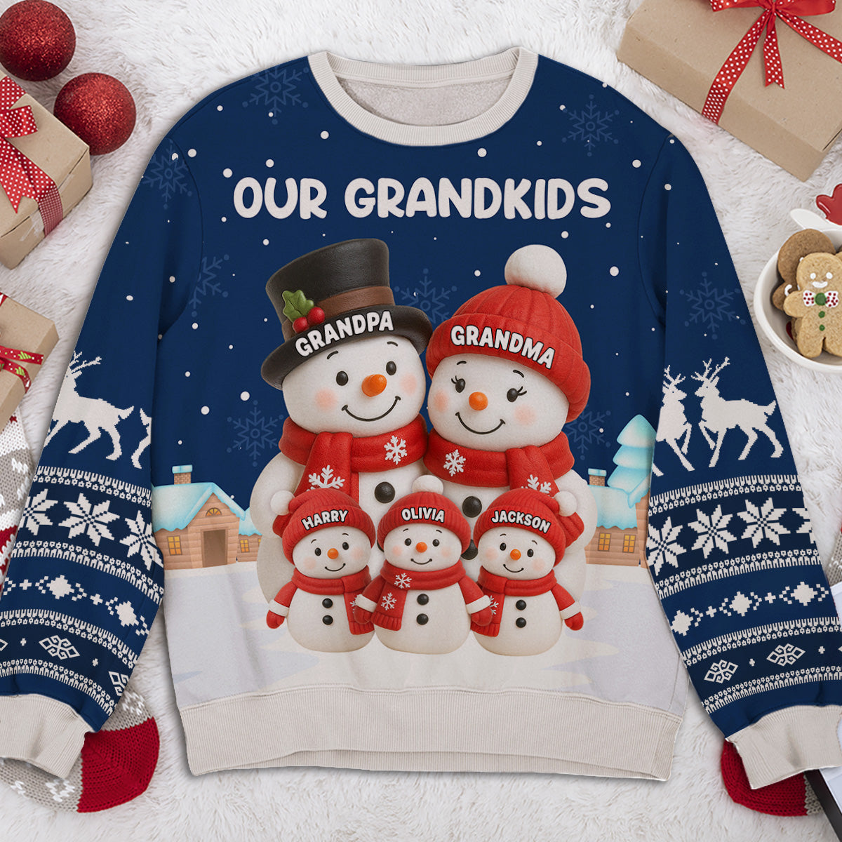 Custom Our Grandkids Snowman Printed Sweatshirt, Cute Winter Grandparent Gift for Proud Nana and Papa, Heartwarming Christmas Surprise