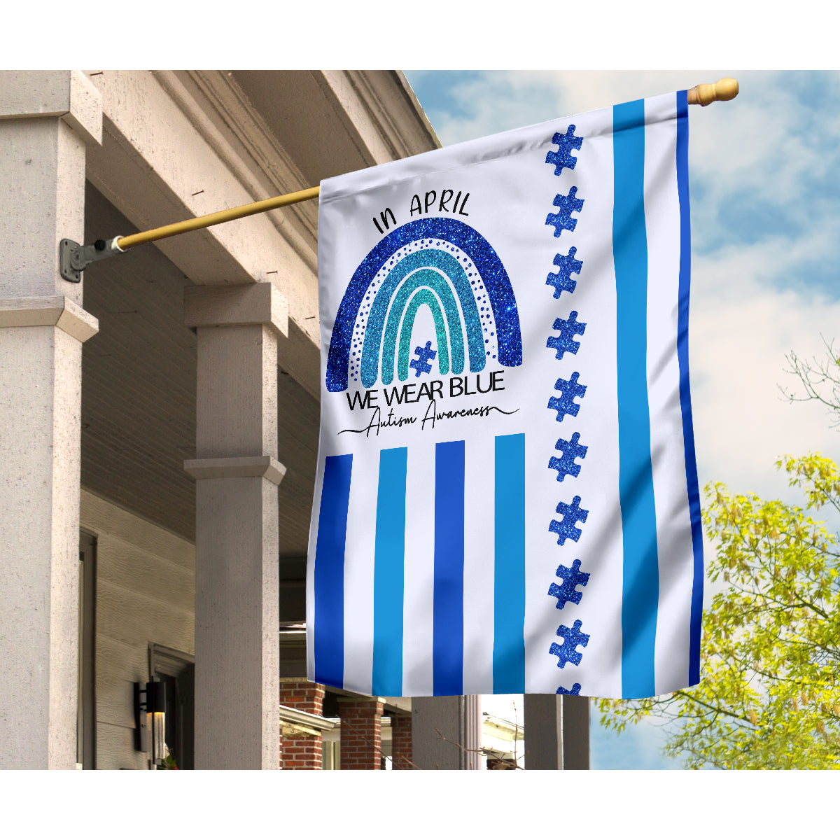 In April We Wear Blue Flag Autism Awareness House Flag 0622