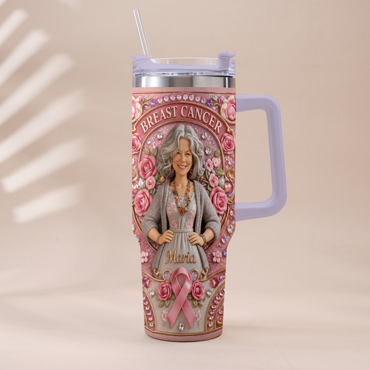 Hope Strength Love - Personalized Breast Cancer Awareness Tumbler With Plush Charm