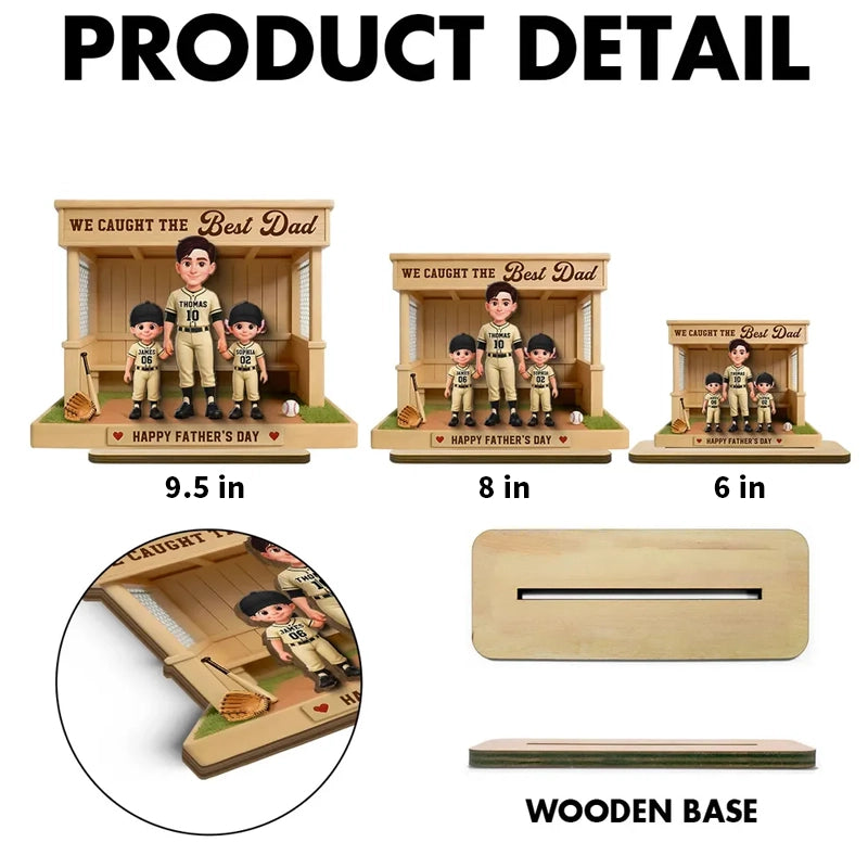 Personalized 2-Layer Wooden Plaque Baseball Dugout Dad and Kids Scene, Father's Day Gift with Heartfelt Message