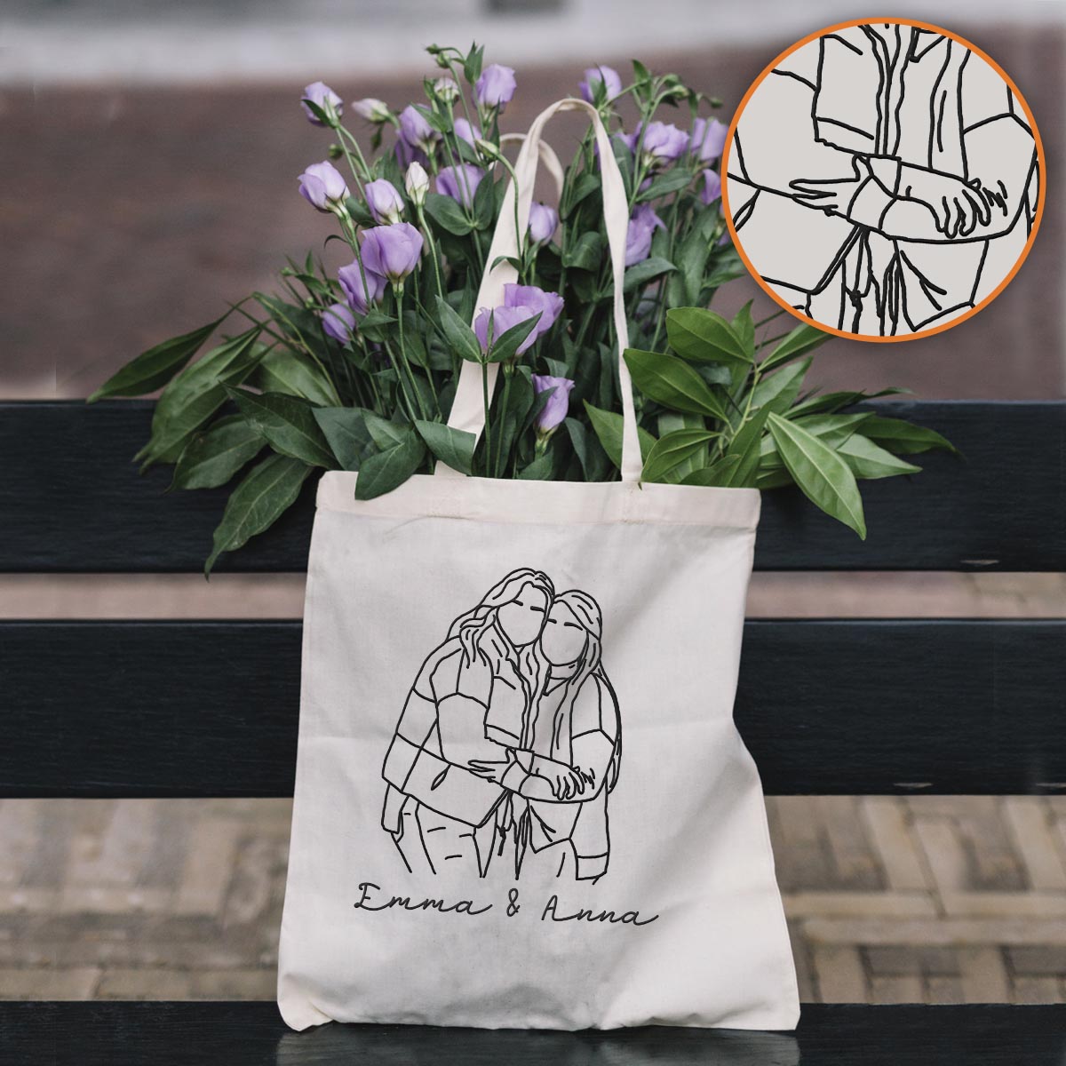 Custom Photo Line Art - Personalized Bestie Embroidered Tote Bag