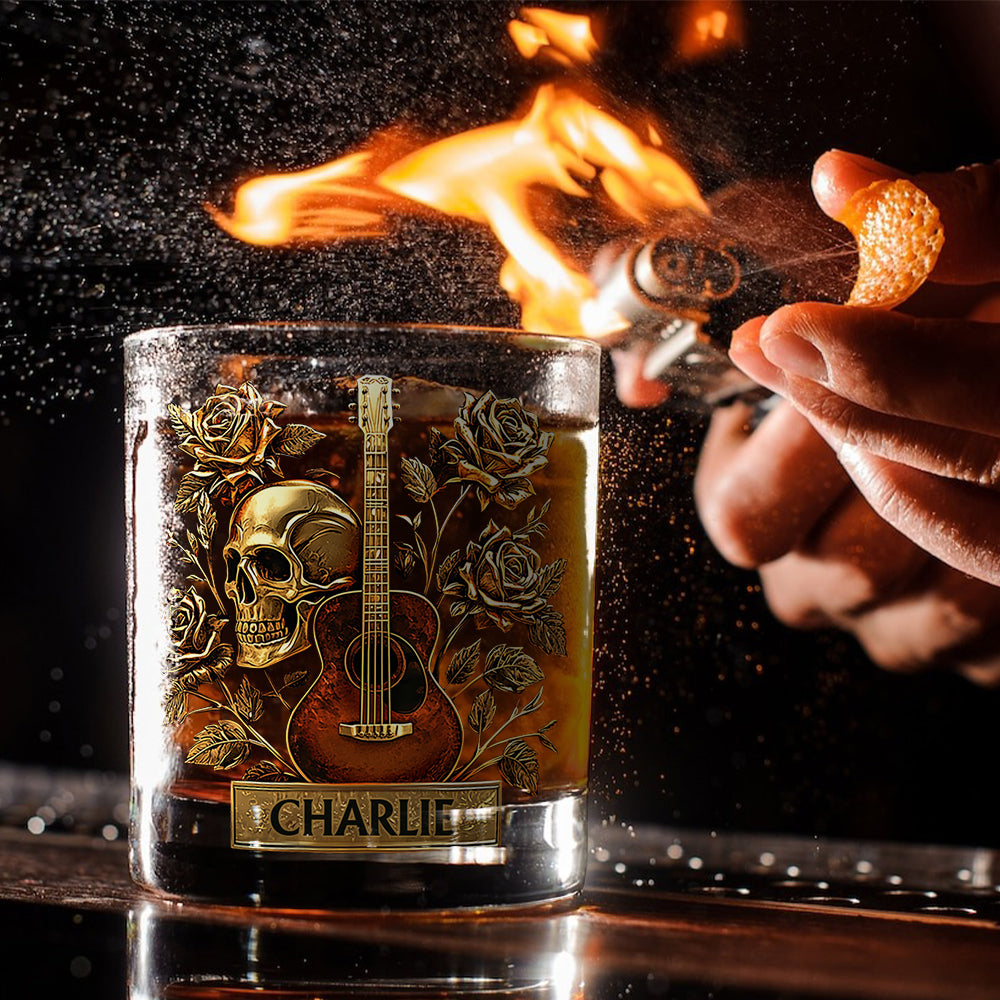 Guitar, Skull & Roses - Personalized Guitar Whiskey Glass