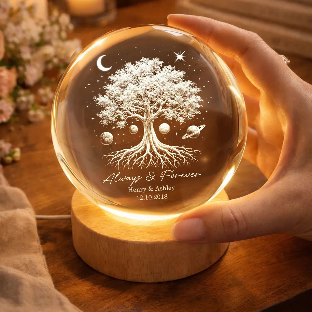 Personalized Globe Lamp with Tree of Life & Starry Night Design, Cozy Bedside Decor, Unique Gift for Couples