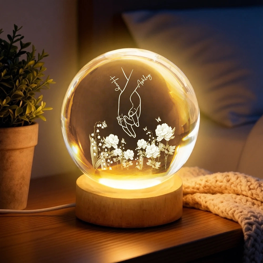 Personalized Globe Lamp with Couple Holding Hands Line Art, Cozy Nightstand Decor, Unique Gift for Him or Her