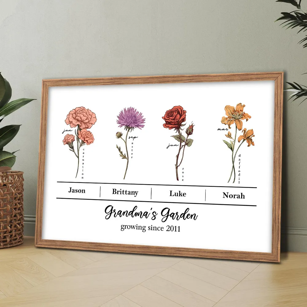 Personalized Grandma's Garden Poster – Floral Design with Family Names and Birth Flowers