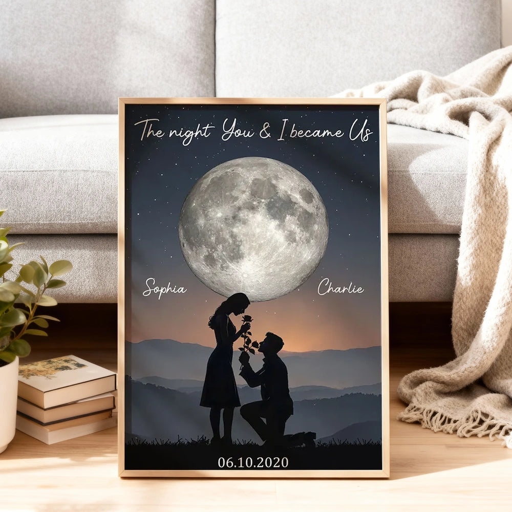 Personalized Poster The Night You & I Became Us Moonlit Proposal Silhouette Wall Art, Unique Romantic Gift for Couple