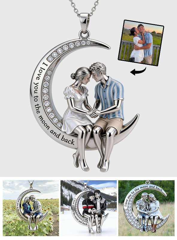 I Love You to the Moon and Back - Personalized Couple Shaped Metal Pendant Necklace