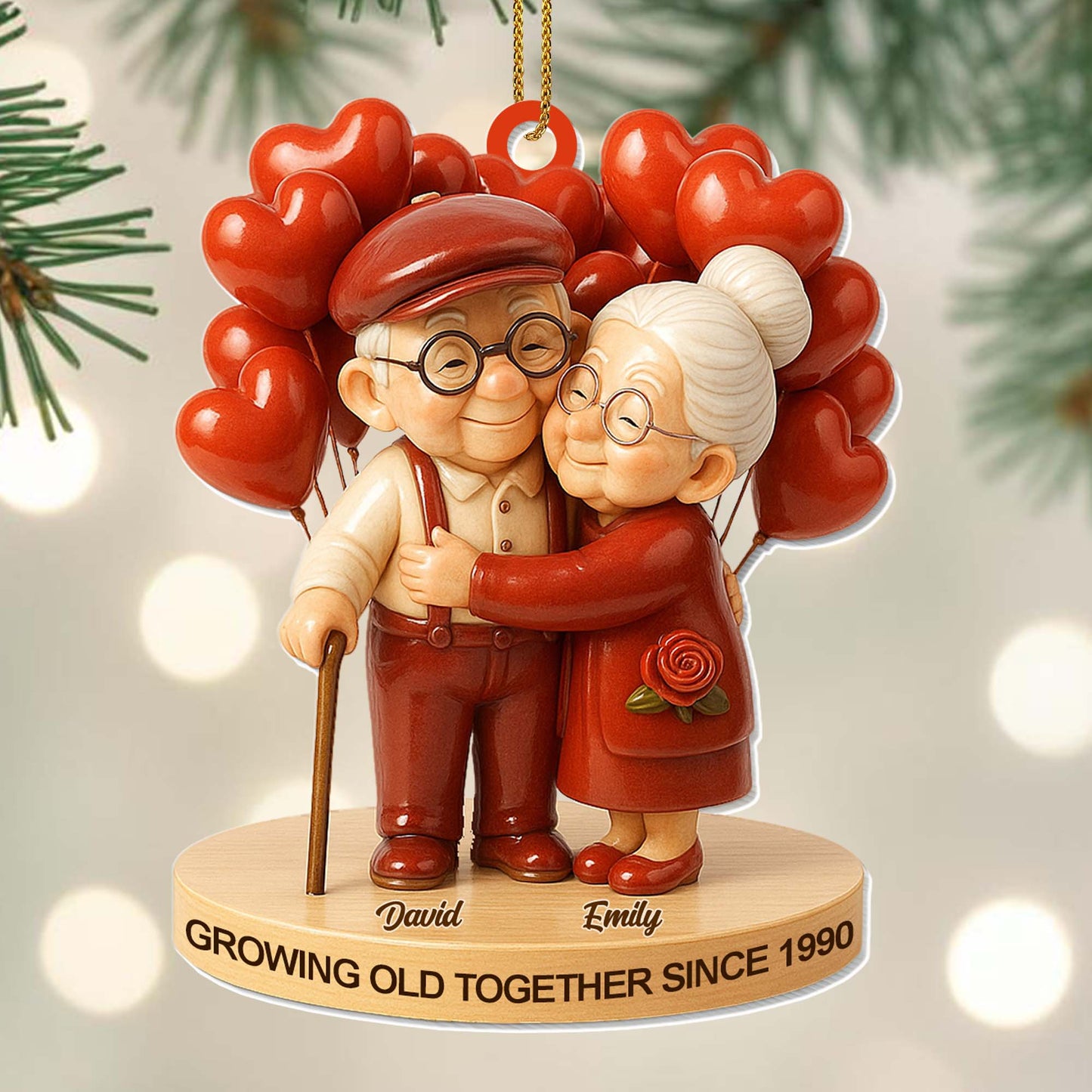 Personalized Acrylic Ornament Cute Elderly Couple Hugging With Heart Balloons Holiday Decor Unique Gift For Couples