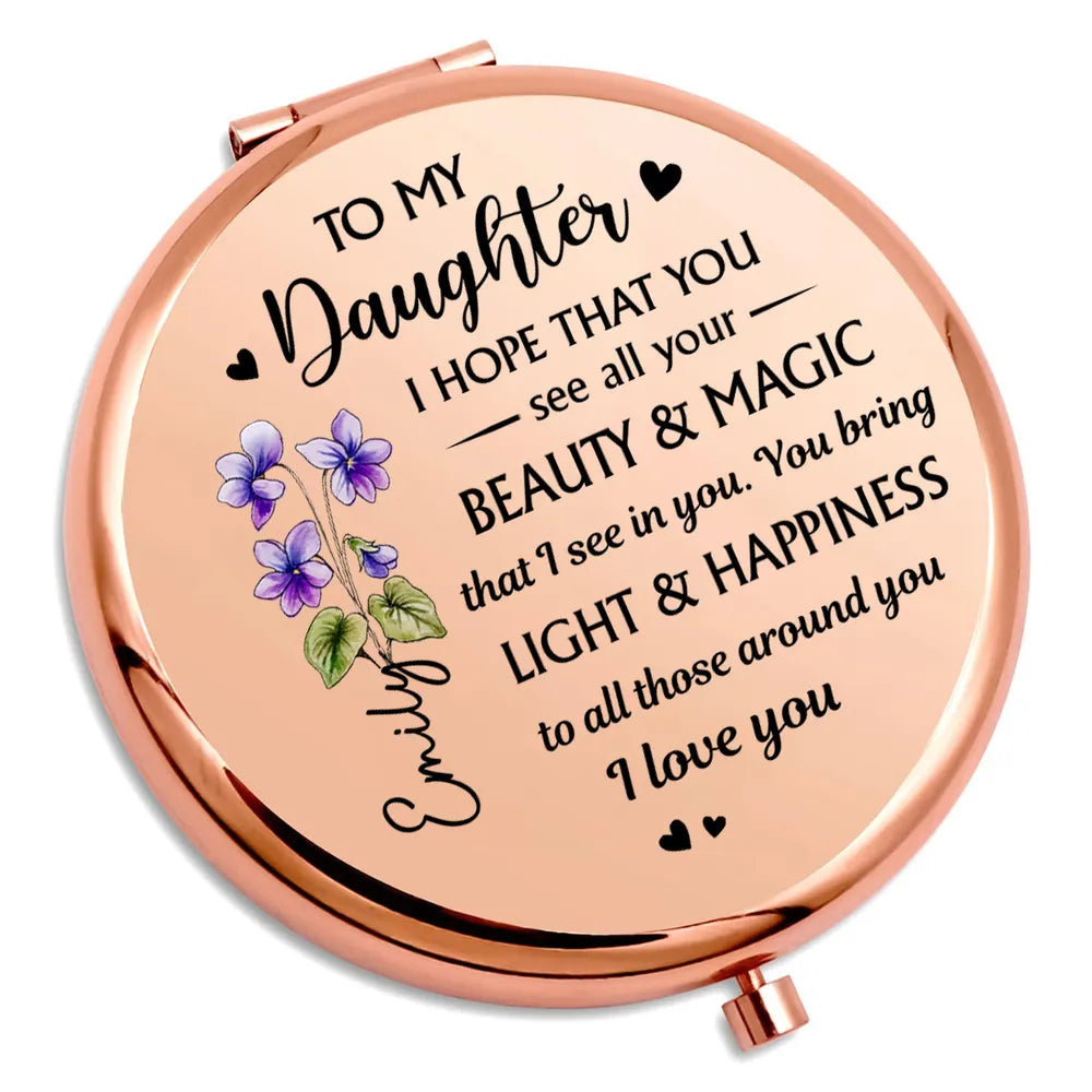 Personalized Metal Compact Mirror for Daughter, Beauty & Magic Quote with Floral Art, Unique Gift for Everyday Smiles