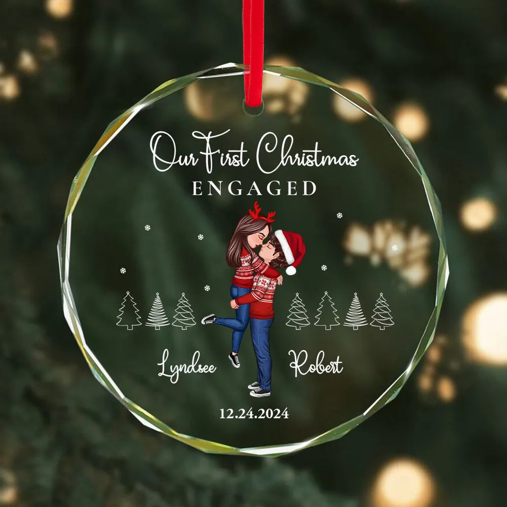 Our First Christmas Engaged Married, Newly Engaged Married Couple Personalized Glass Ornament