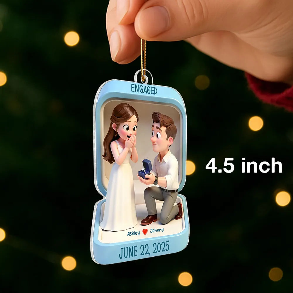 Engaged Proposal Scene Acrylic Ornament, Cute Cartoon Couple Ring Moment, Unique Gift for Couples