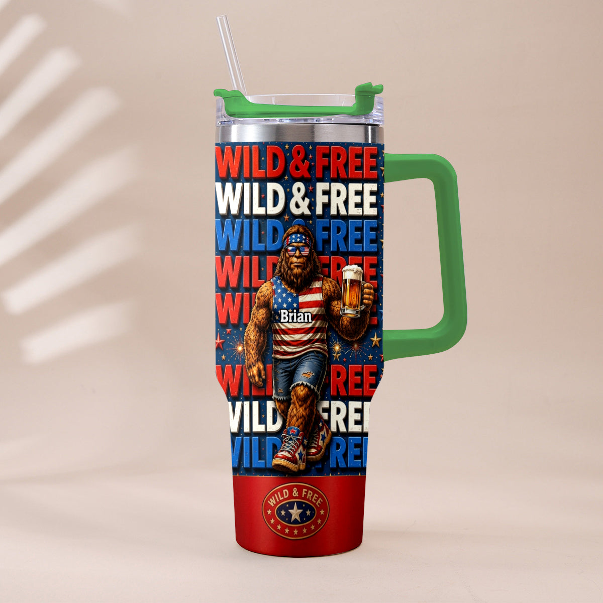 4th of July, Bigfoot Independence Day - Personalized Bigfoot Tumbler With Handle