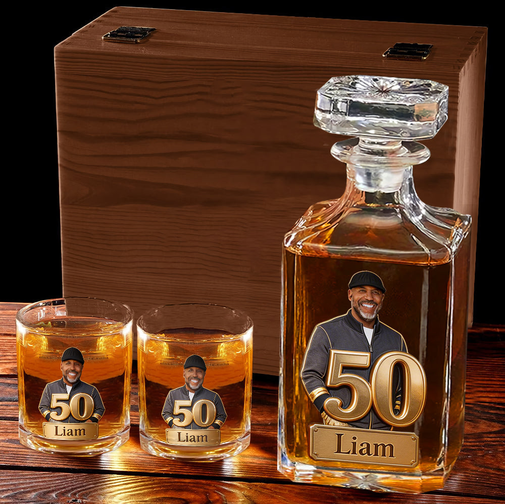 Custom Any Photo, Number - Personalized Birthday Whiskey Decanter Set