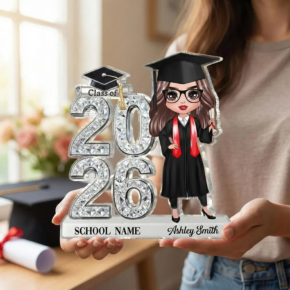 Shaped Acrylic Block Plaque Personalized for Graduation, Glam Class Year Display with Grad Girl Holding Diploma, Thoughtful Gift