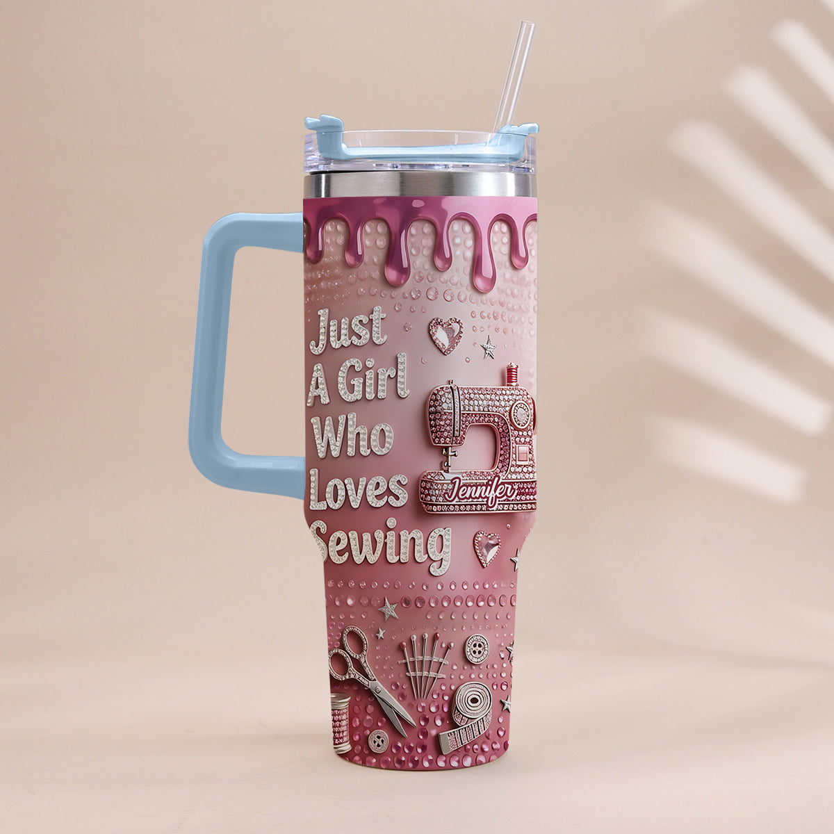 Just A Girl Who Loves Sewing - Personalized Sewing Tumbler With Handle