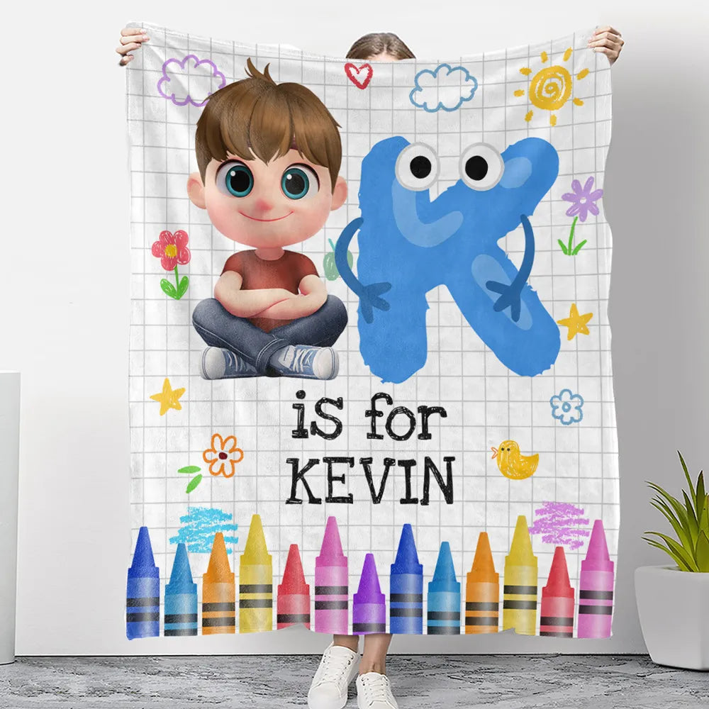 Cute Cartoon Baby Holding Big Letter Fleece Blanket, Personalized Nursery Throw For Snuggles & Smiles, Thoughtful Gift