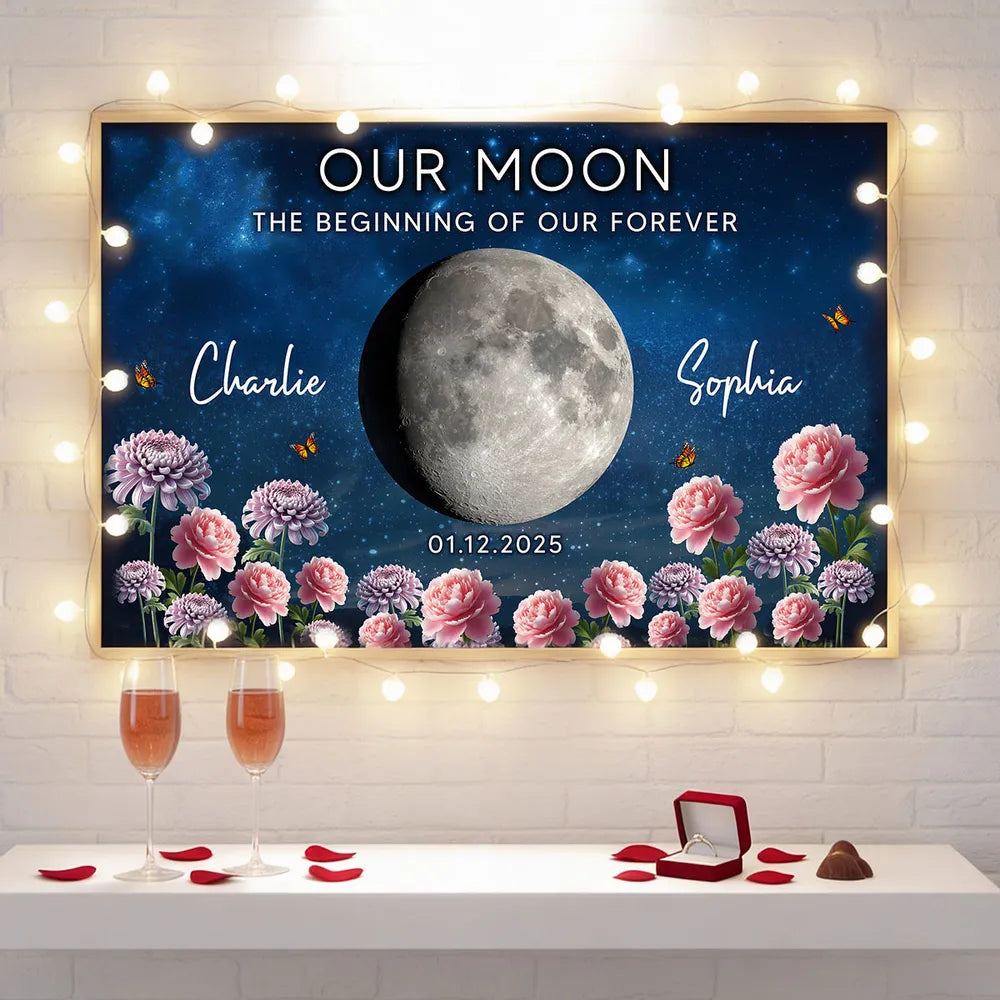 Personalized Our Moon Starry Sky Floral Poster, Custom Couple Keepsake Wall Art, Unique Romantic Gift