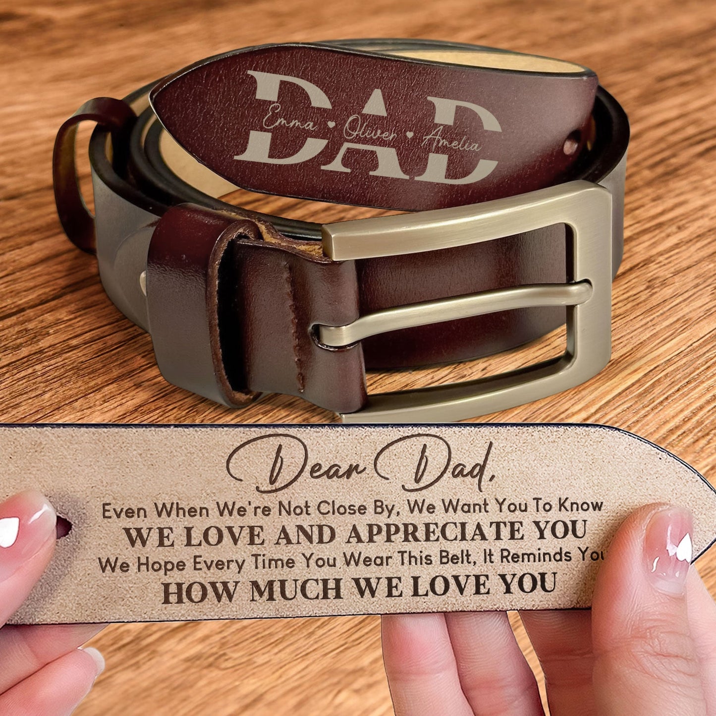 “Dear Dad” Personalized Belt – We Love & Appreciate You, Adjustable Brown Leather