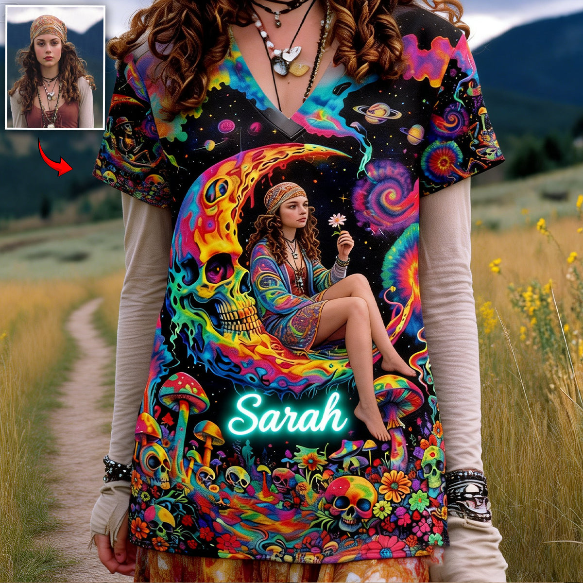 Custom Any Photo Hippie Skull Psychedelic - Personalized Hippie Fully Printed V-Neck T-Shirt