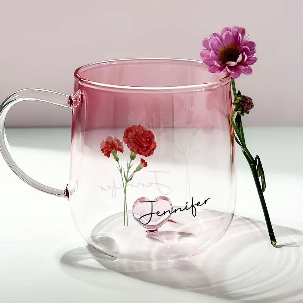 Gradient Glass Mug with Floral Print and Heart-Shaped Base, Elegant Gift Choice