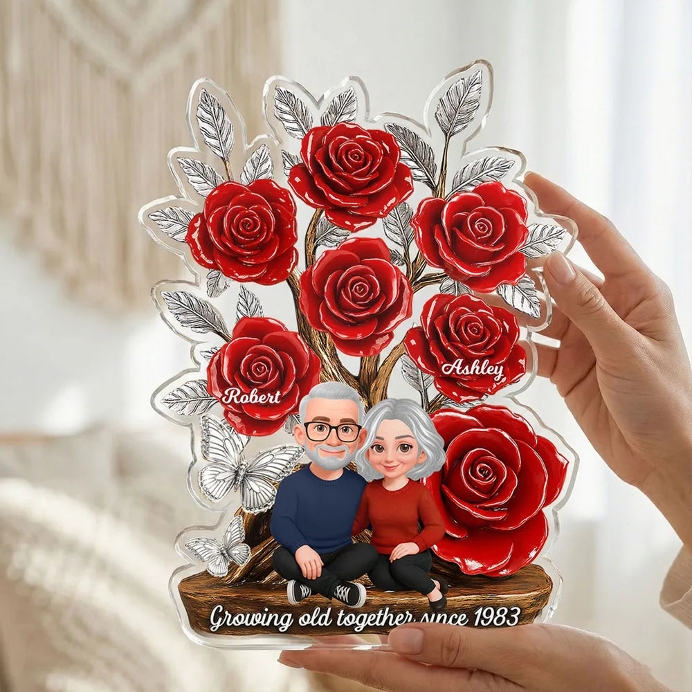 Personalized Shaped Acrylic Block Plaque with Red Rose Tree Couple Sitting Together, Unique Romantic Gift