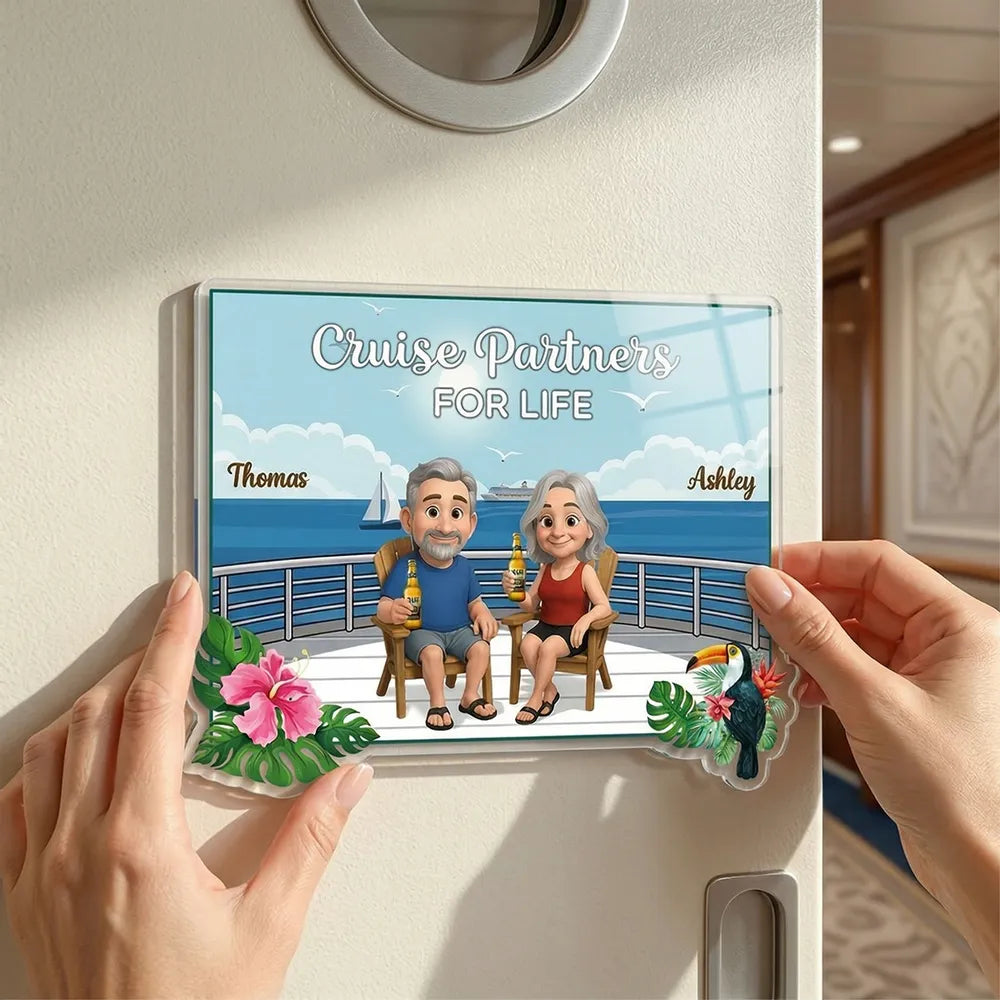 Personalized Acrylic Magnet Cruise Partners For Life Cartoon Couple on Deck, Unique Cruise Cabin Door Gift