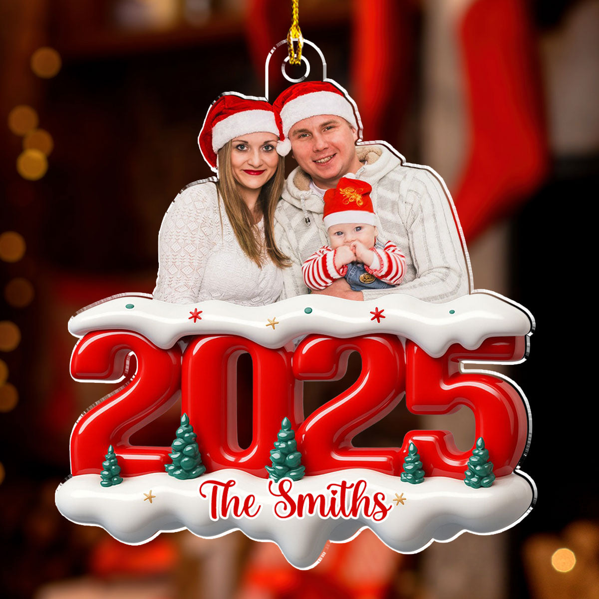 Acrylic Ornament with Custom Photo, Snowy Red Number for Christmas Tree Decor — a unique gift for family or parents