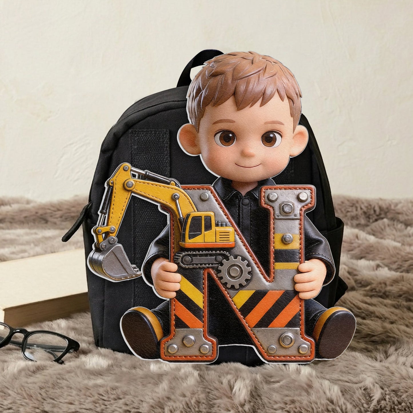 Alphabet Letter Construction Theme - Personalized Kid Changeable Leather Patch Backpack
