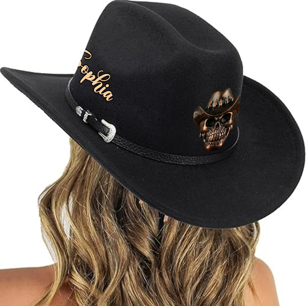 Human Skull Skeleton Head Bone, Cowboy Style - Personalized Western Outfit Wide Brim Cowboy Hat