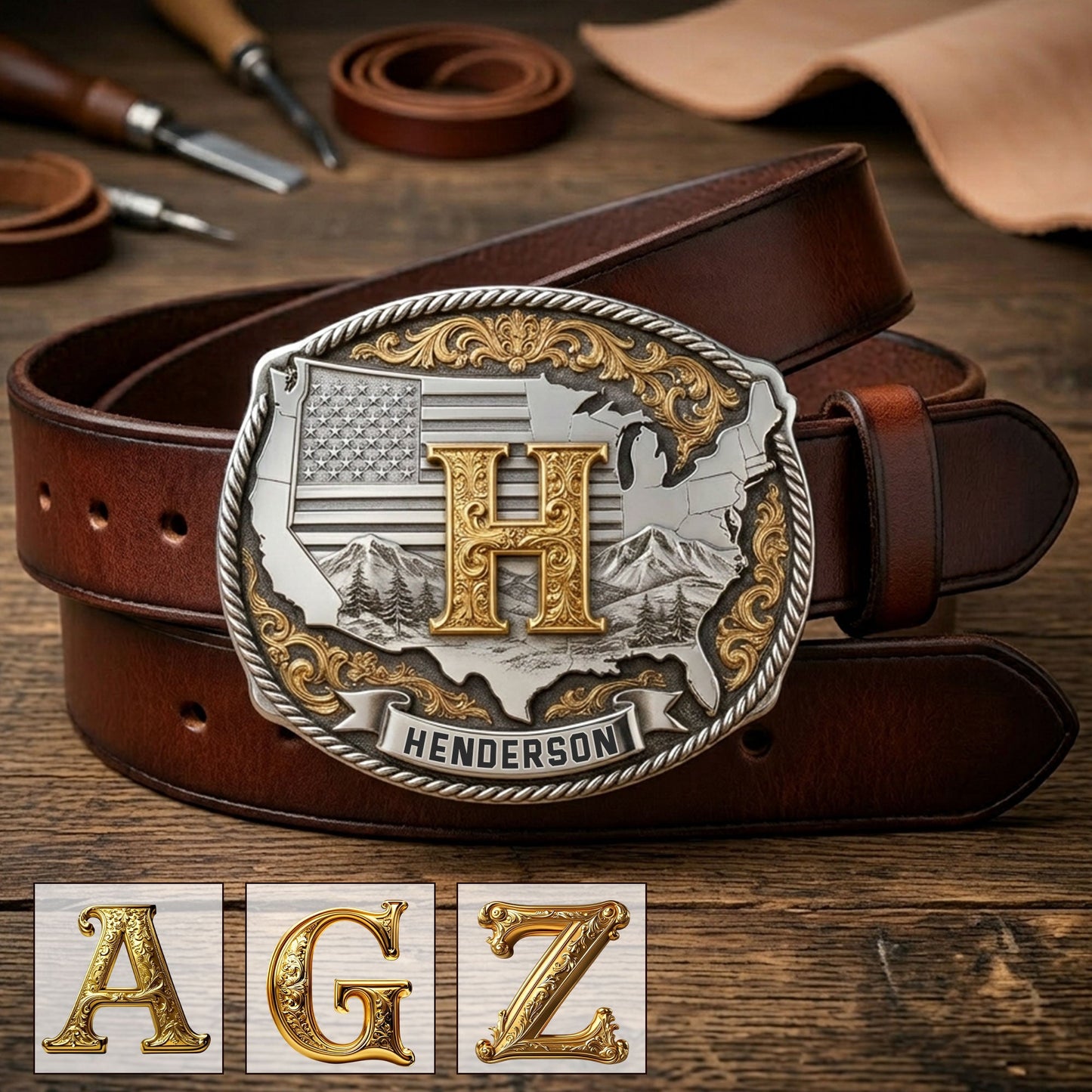 Custom Initial Buckle Belt, United State Map, Gift For Him - Personalized Patriot Leather Belt With Shaped Buckle
