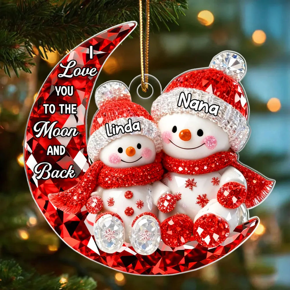 Personalized Acrylic Ornament for Grandma & Grandkid on Moon – Sparkling Snowman Design, I Love You to the Moon and Back, Unique Christmas Gift