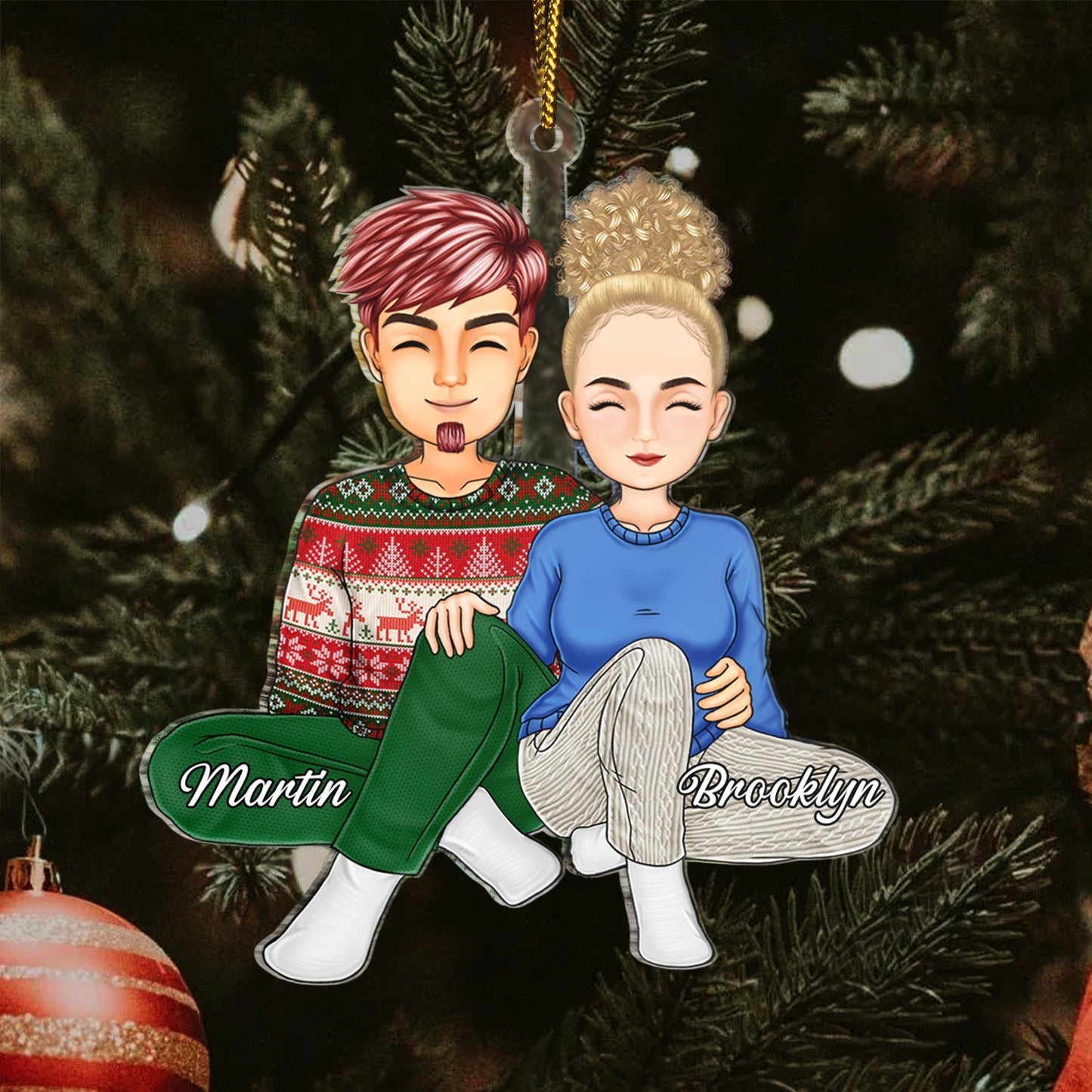Personalized Couple Ornament - Adorable Sitting Pose Gift for Christmas and Anniversaries
