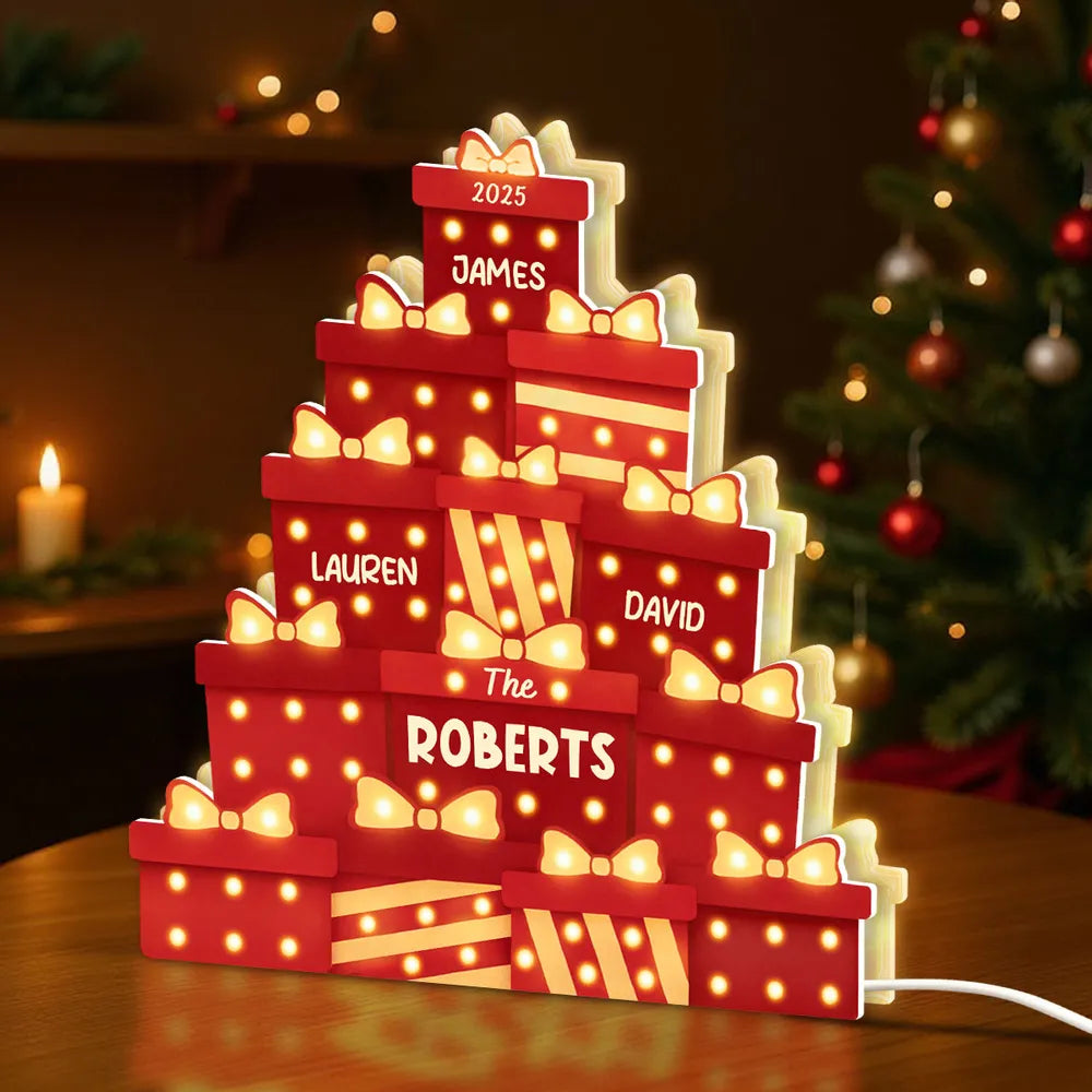 Christmas Acrylic Light Box with Marquee Gift-Box Tree, Warm Glow, Personalized, Unique Gift for Family & Friends