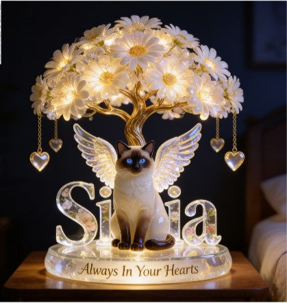 Custom Always In Our Hearts Angel Wings Figurine, Personalized Siamese Cat Memorial Tree Lamp Statue, Pet Loss Sympathy Remembrance Night Light