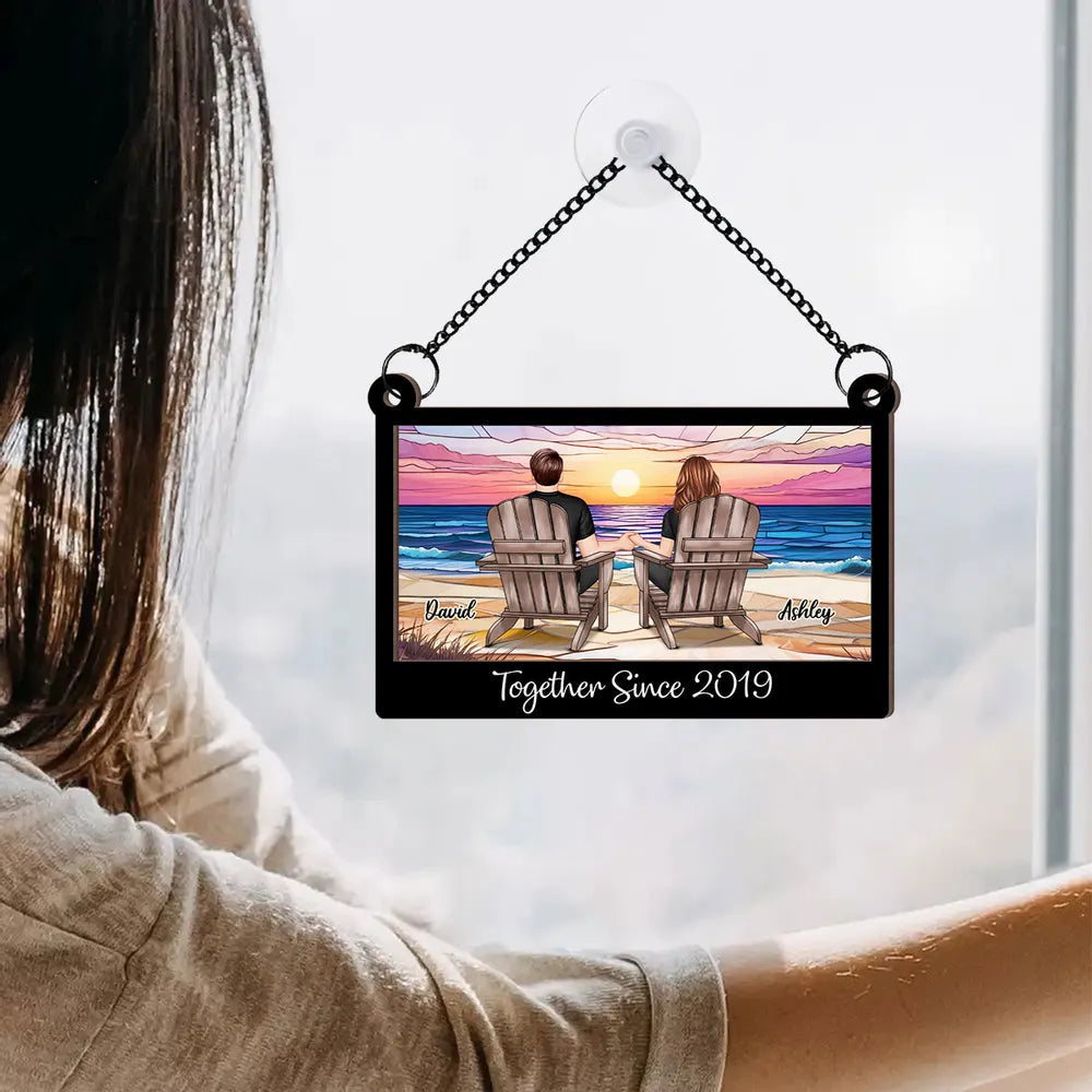 Wood and Acrylic Layered Ornament with Couple Holding Hands on Beach Chairs, Sunset Scene, Perfect Gift for Love and Home Décor