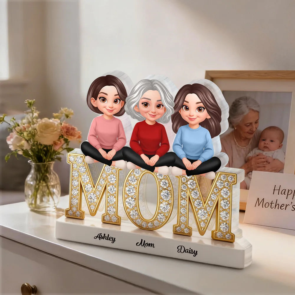 Personalized Shaped Acrylic Block Plaque with Mom & Daughters Cartoon Illustration, Sparkly MOM Shelf Decor, Unique Gift for Mom