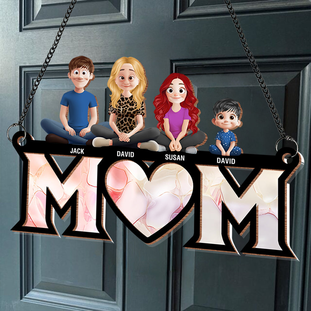 Personalized Wood and Acrylic Layered Ornament – Custom 'MOM' Hanging Ornament with Names of Children – Unique Gift for Mother’s Day, Birthdays, or Special Occasions